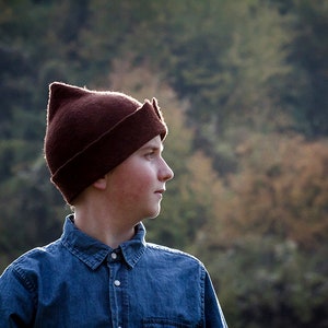Brown Felted hat for boy, Tribal Christmas carnival festival troll mummy Snufkin, Gnome Hat. Christmas Elf Hat for son. Felted Pointy Hat