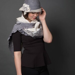 Gray Winter cloche hat and wool shawl set, Felt Cloche HAT with matching nuno felted shawl SET, Oversized Felted scarf Granny 50th birthday image 8