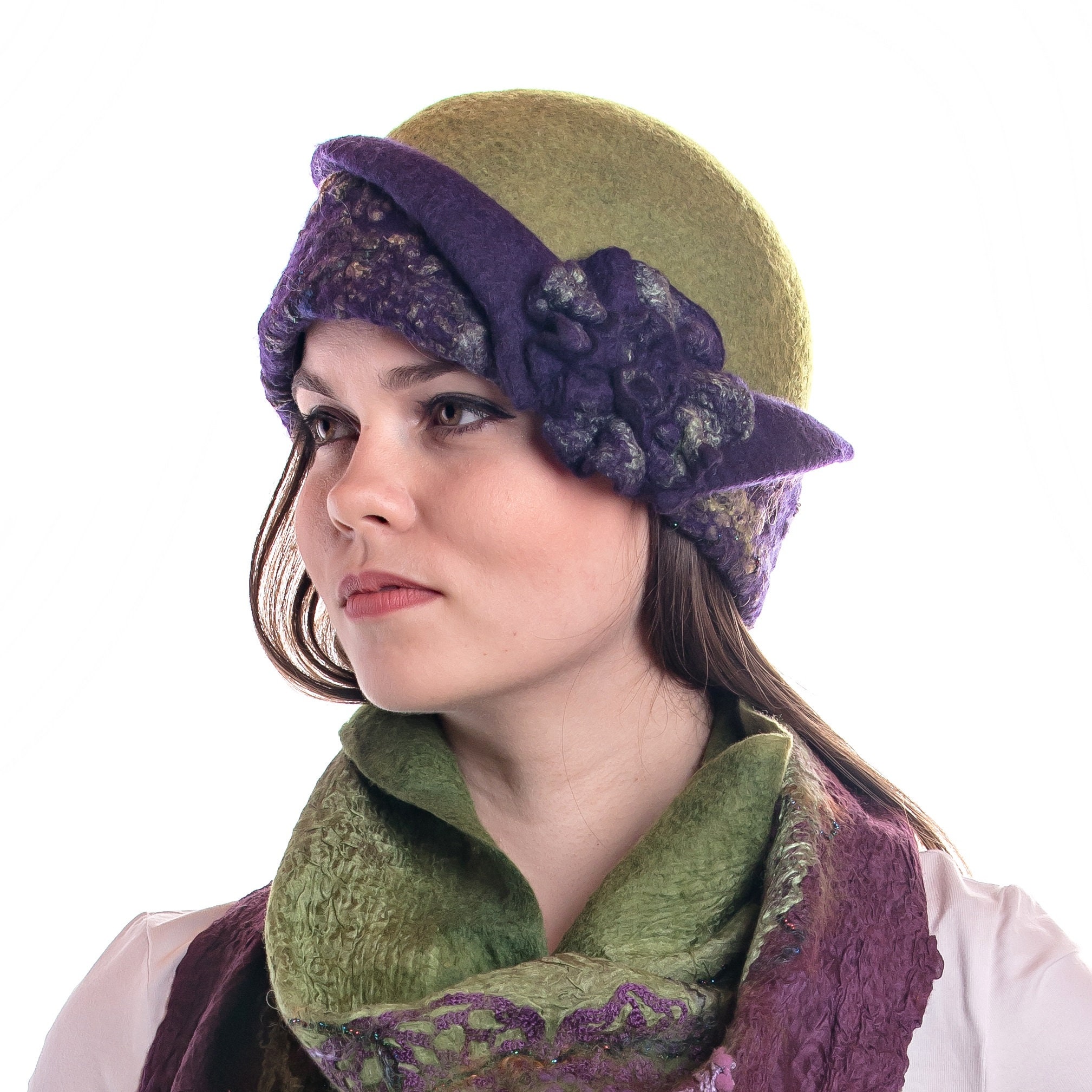 FELTED Wool HAT With Flower, Purple Winter Cloche Hat and 