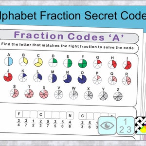Puede incluir: Una hoja de trabajo con un gráfico de alfabeto colorido y círculos de fracciones. El gráfico muestra las letras A a la Z, cada una emparejada con un círculo dividido en diferentes secciones. La hoja de trabajo también incluye una sección con fracciones y un espacio en blanco para resolver un código.