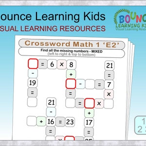 May include: A set of educational worksheets titled "Crossword Math 1 'E2'" featuring maths problems. The worksheet is in a crossword puzzle format with missing numbers to solve. The top of the image has the text "Bounce Learning Kids".