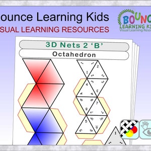 Peut inclure: Une feuille de travail imprimable pour les enfants pour apprendre les formes 3D. La feuille de travail montre un filet d'un octaèdre avec des côtés numérotés. Le filet est coloré en rouge, bleu et jaune.