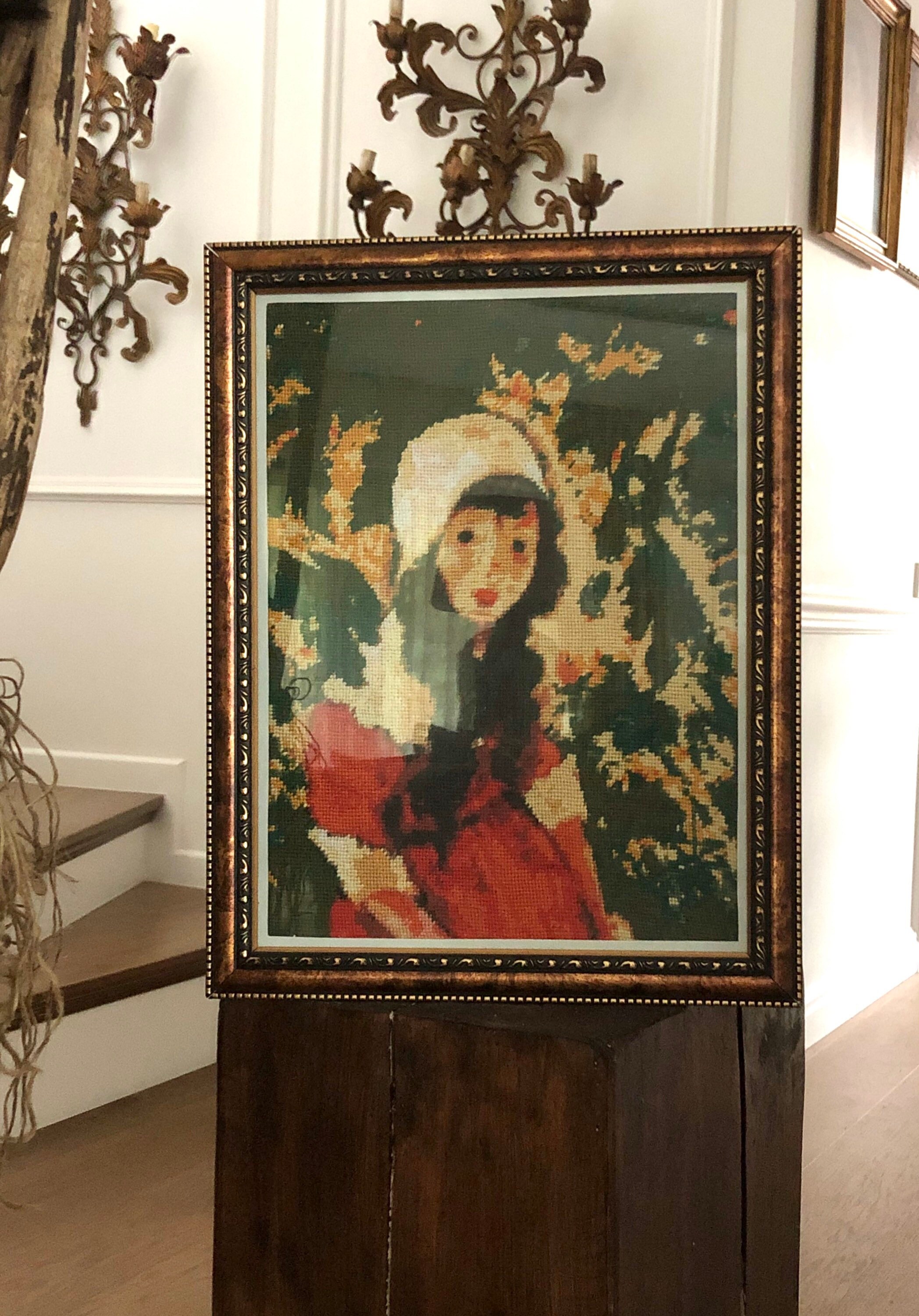 Vintage Handmade Romanian Folk Art Needlepoint Girl Portrait Etsy