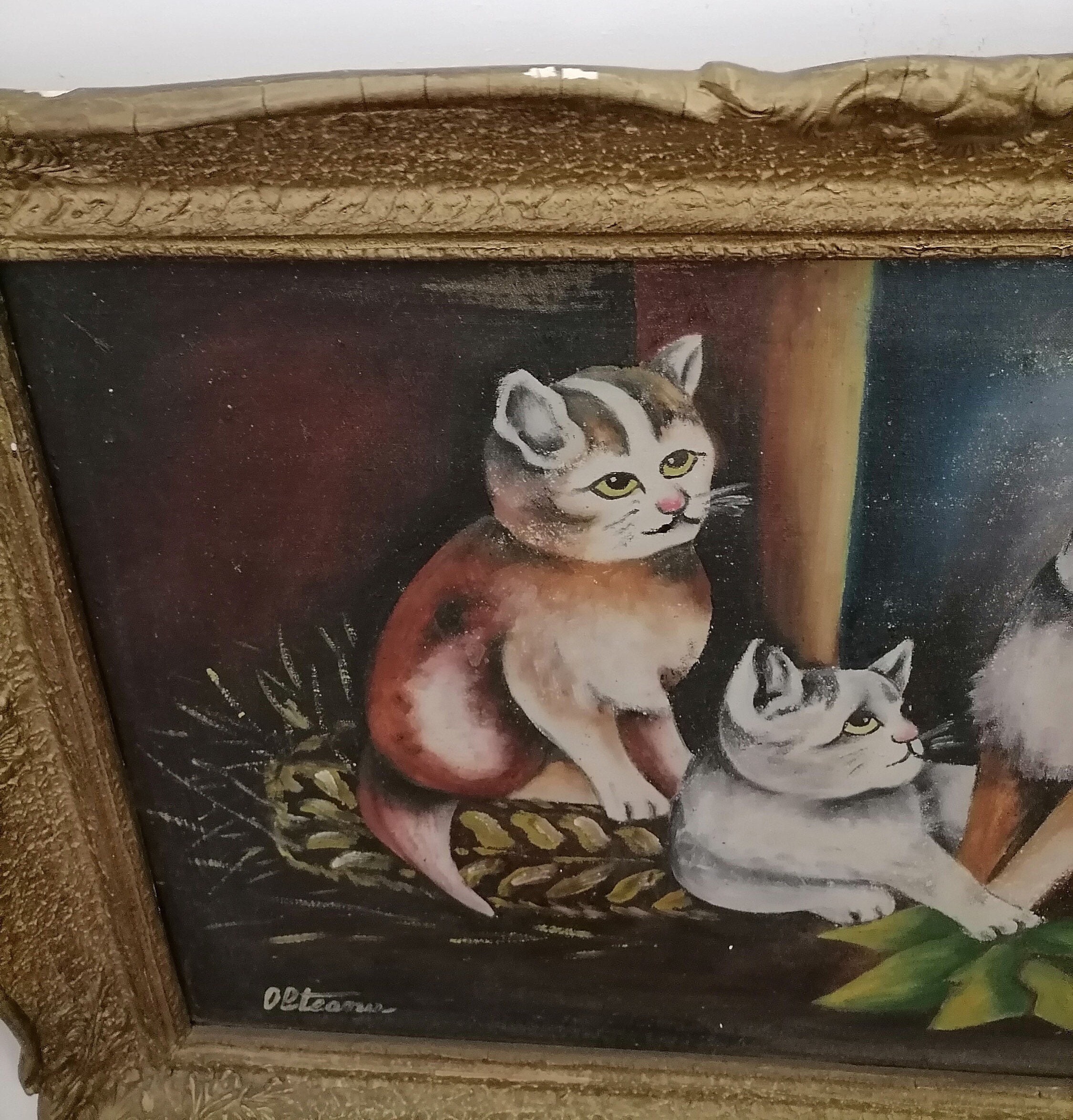 Antique Original Oil Painting Of 3 Cats In Art Deco Style Etsy