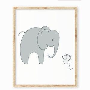 May include: A framed print with a simple line drawing of a gray elephant and a small gray mouse. The elephant is facing the mouse and has a friendly expression. The background is white.