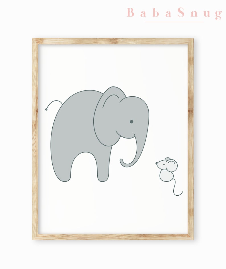 May include: A framed print with a simple line drawing of a gray elephant and a small gray mouse. The elephant is facing the mouse and has a friendly expression. The background is white.
