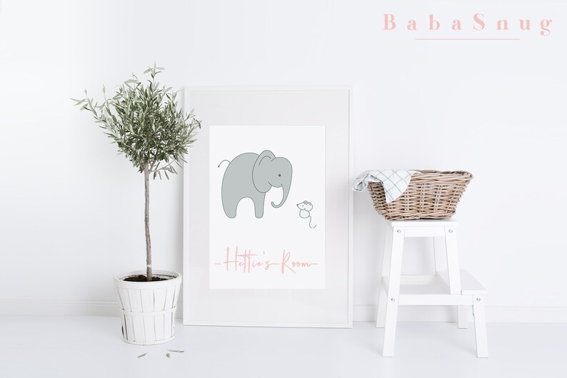 May include: A white framed print with a gray elephant and a small mouse illustration. The text "Hattie's Room" is written in pink below the illustration.
