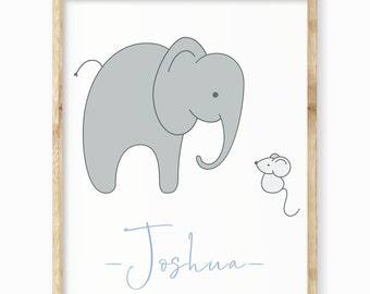 May include: A light blue framed print with a gray elephant and a small gray mouse. The text "Baba Snug" is in pink at the top of the print and the name "Joshua" is written in cursive at the bottom.