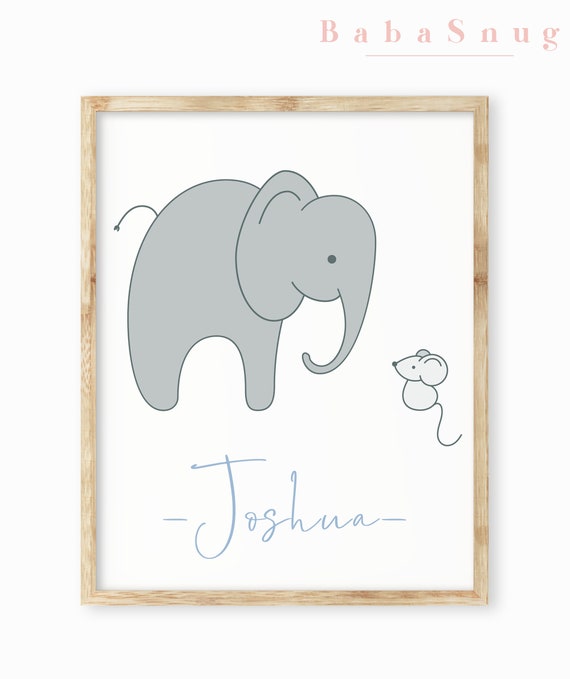 Personalised Elephant Print, Elephant Nursery, Baby Name Print, Newborn Gift, Nursery Decor, Blue Nursery Art,
