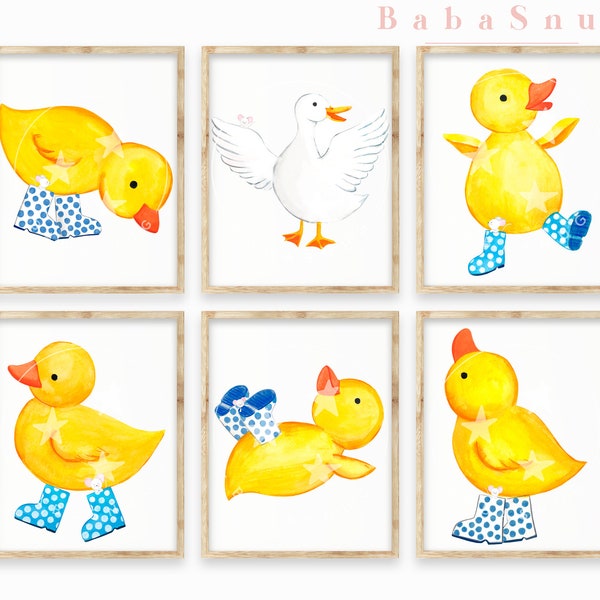 Cute gift for kids, Childrens Duck Prints, Yellow Theme Nursery, Duck prints, Duck Nursery Decor, Ducks in Wellies, Duck theme