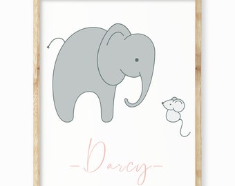 Pink Elephant Print, Elephant Nursery, Baby Name Print, Newborn Print, Nursery Decor, Pink Nursery, Personalised Baby, Personalised Nursery