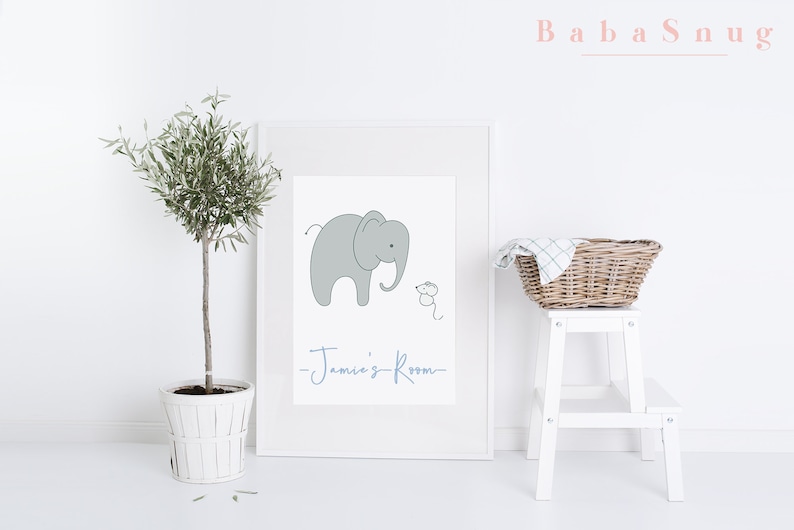 May include: A white framed print with a gray elephant and a small mouse illustration. The text "Jamie's Room" is written in blue cursive below the illustration.