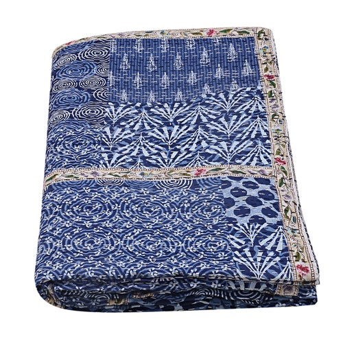 Patchwork Indigo Blue Cotton Kantha Quilt Twin Hippie Bedspread Throw Coverlets 