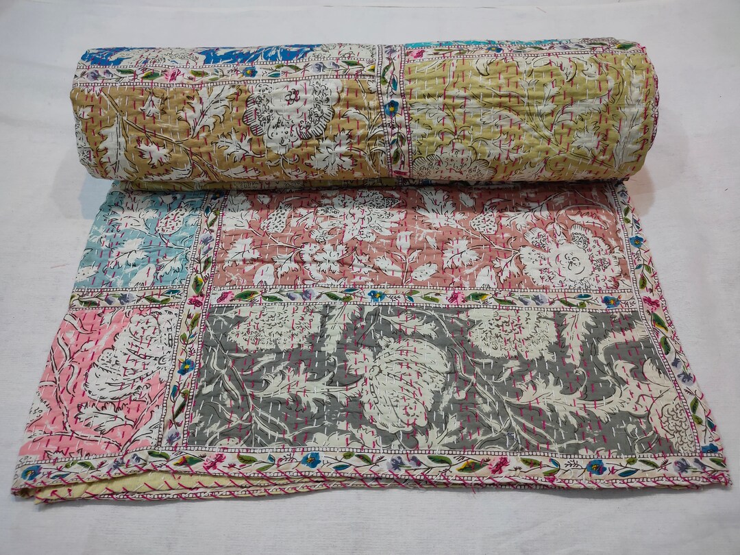 Indian Cotton Bed Cover Reversible Quilt Coverlets Handmade Etsy