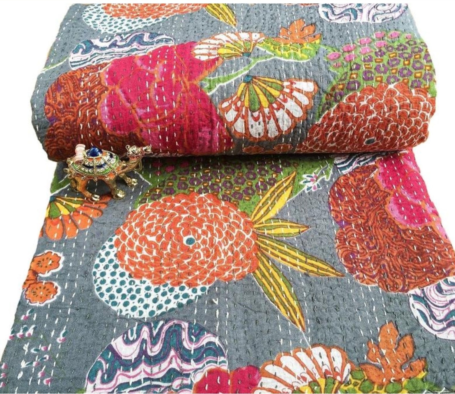 Twin Size Grey Floral Quilt Bohemian Bedspread Quilts Hippie Etsy