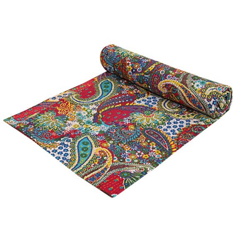 Handmade Red Paisley Print Bedding Blanket Reversible Bed Cover Quilt Cotton Bedspread Quilt Kantha Twin Size Coverlets Decorative Comforter