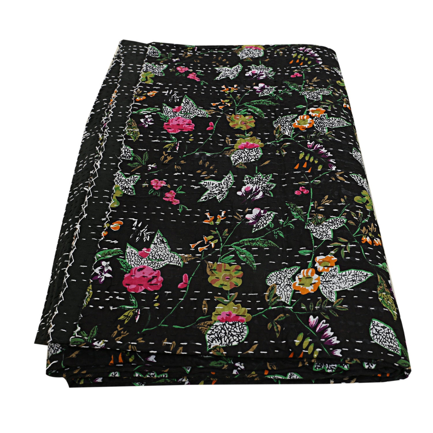 Black Floral Indian Twin Kantha Quilt Bedspread Blanket Bedding Handmade Throw 