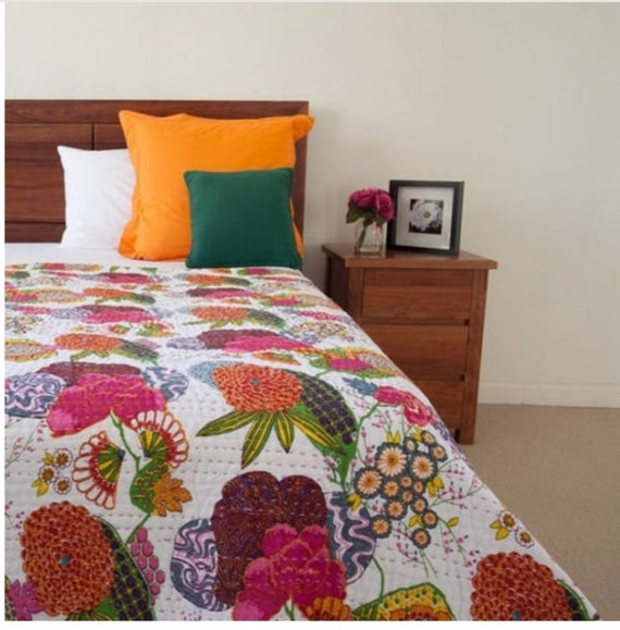 Indian Green Floral Patchwork Kantha Quilt Bedspread Reversible Bedding Blanket 