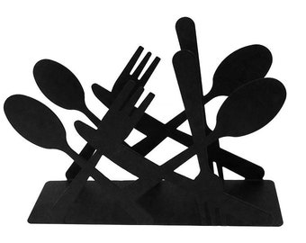 Table napkin holder in matt black metal with cutlery design