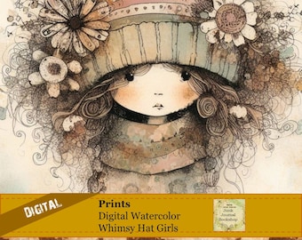 Digital Watercolor Prints of Whimsy Girls with Beautiful Hats.  Junk Journal Bookshop.