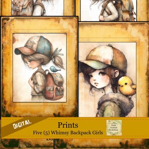 May include: Set of four digital prints featuring whimsical illustrations of girls wearing backpacks and hats. Each girl is accompanied by a small bird or chick. The prints have a vintage, watercolour aesthetic.