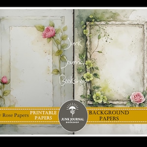 Könnte beinhalten: Aquarellartige, druckbare Papiere mit Vintage-Ästhetik. Das Bild zeigt zwei Tafeln mit floralen Akzenten, darunter rosa Rosen und grünes Laub. Der Text "Ivory Rose Papers" und "Background Papers" ist zu sehen.