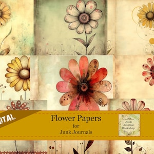 Pode incluir: Folha de colagem digital com nove designs de flores diferentes. As flores são em tons de amarelo, vermelho e rosa. O fundo é um papel de estilo vintage com um aspecto desgastado. O texto "Flower Papers for Junk Journals" está na parte inferior da folha.