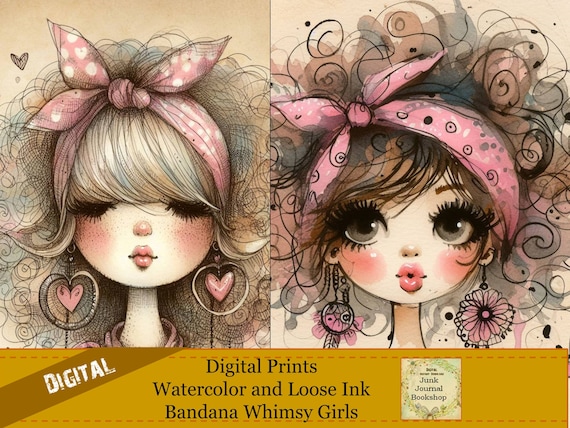 Whimsical Bandana Girls Print: Junk Journal Art (Digital Download 8x10in JPGs)