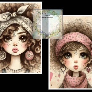 May include: Two digital illustrations of girls with curly brown hair. The girl on the left is wearing a white bandana with a black and white pattern and large pink and silver earrings. The girl on the right is wearing a pink bandana with a white heart pattern and a pink scarf with a white heart pattern. Both girls have large brown eyes and pink lips.