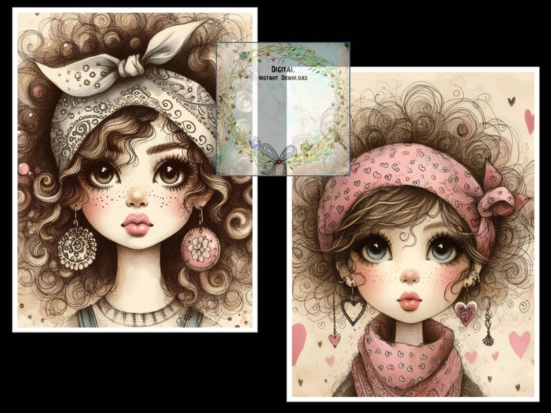May include: Two digital illustrations of girls with curly brown hair. The girl on the left is wearing a white bandana with a black and white pattern and large pink and silver earrings. The girl on the right is wearing a pink bandana with a white heart pattern and a pink scarf with a white heart pattern. Both girls have large brown eyes and pink lips.