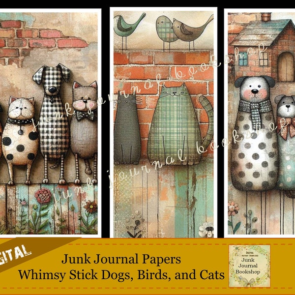 Digital Background Prints for Junk Journals. Digital Prints of Whimsy Stick Dogs, Birds, and Cats. Junk Journal Digital Art.