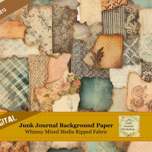 Digital Background Junk Journal Papers.  Whimsy Rustic Ripped Mixed Media Style Fabrics.  Junk Journal Bookshop.  Download Instant Print.