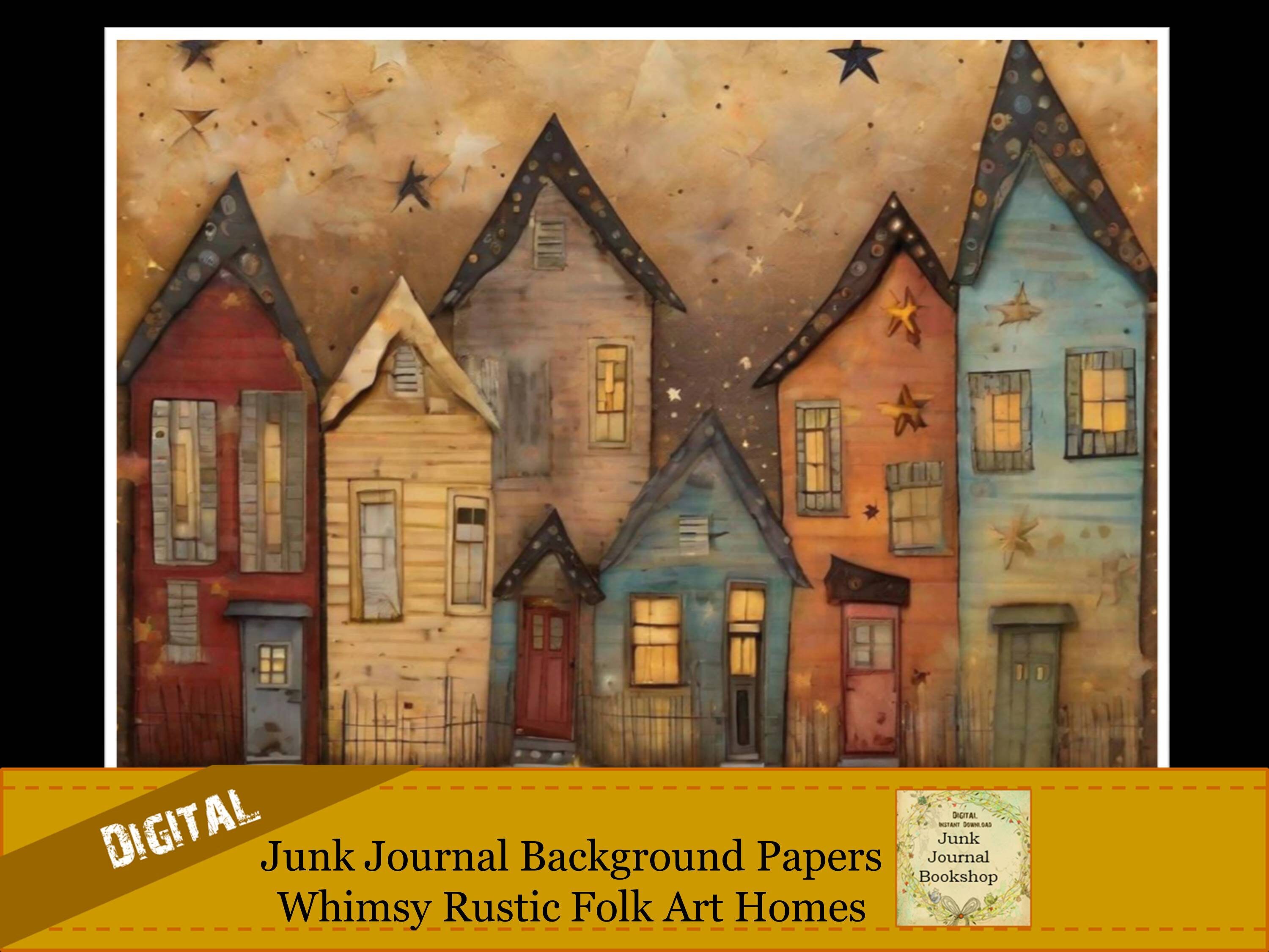 Digital Art Background Prints for Junk Journals.  Whimsical Rustic Folk Art Homes.  Junk Journal BookShop Digital Prints.