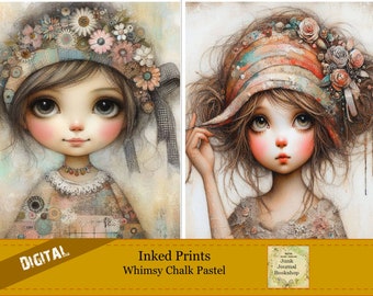 Digital Whimsy Chalk Art Pastel Girls.  Five (5) Whimsy Prints for a Girl&#39;s Room.  Quality Prints.  Junk Journal Bookshop Download and Print