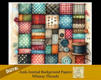 May include: Digital junk journal background paper with a patchwork design. The watercolor illustration features squares of fabric in various patterns and colors, including polka dots, stripes, and plaid. Buttons and a spool of thread are also included.