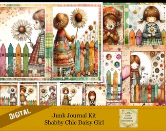 May include: Digital junk journal kit with a shabby chic theme featuring a girl with a daisy in a colorful garden setting. The kit includes various images and papers for crafting.