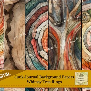 May include: Digital download of five colorful abstract tree ring patterns. The patterns are in shades of brown, red, orange, yellow, green, blue, and white. The patterns are perfect for use in junk journals, scrapbooking, and other paper crafts.