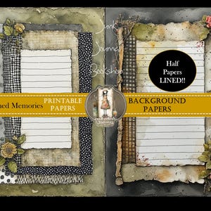 Puede incluir: Papeles imprimibles digitales con una estética vintage. La imagen presenta dos páginas con papel rayado, detalles florales y bordes decorativos. El texto incluye "Inked Lined Memories" y "Printable Papers". La página derecha tiene "Half Papers Lined!!" y "Background Papers".