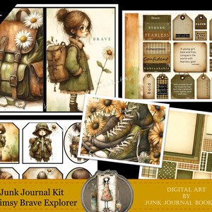 Kit de journal indésirable pour filles.  Papiers d'art numérique.  Impressions numériques de la librairie Junk Journal. Whimsy Brave Explorer, étiquettes, papiers, cartes, couverture.
