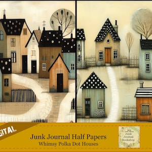 Digital Background Prints for Junk Journal Pages.  Half Papers. Digital Prints of Whimsical Polka Dot Houses.  Junk Journal Bookshop.