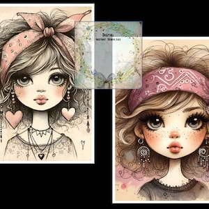 May include: Two digital illustrations of girls with large eyes, pink bandanas, and hearts. The girls have long, curly hair and are wearing necklaces and earrings. The illustrations are in black and white with pink accents.