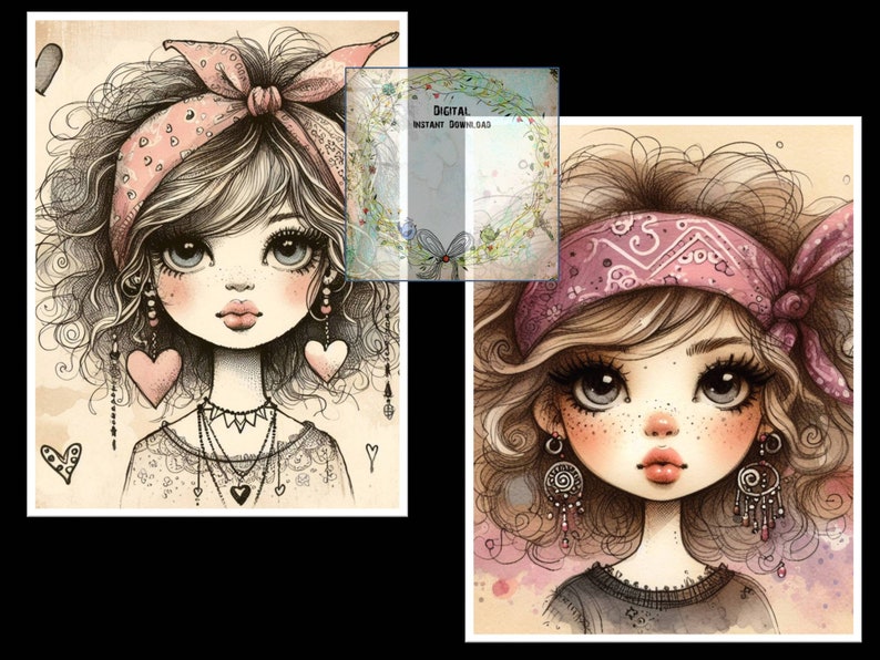 May include: Two digital illustrations of girls with large eyes, pink bandanas, and hearts. The girls have long, curly hair and are wearing necklaces and earrings. The illustrations are in black and white with pink accents.