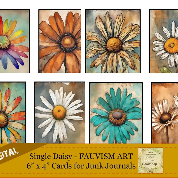 Digital Junk Journal Cards. Single Daisy Cards Fauvism Art.  Junk Journal Bookshop.