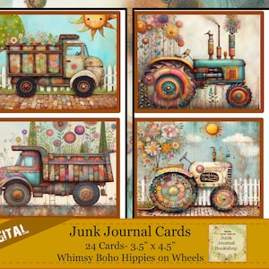 Cartões digitais de lixo eletrônico. Whimsical Boho Hippies on Wheels Impressões digitais projetadas. Vinte e quatro (24) cartas divertidas. Livraria Junk Journal.