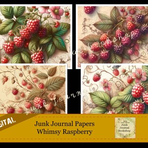 May include: Four digital printable papers featuring vintage illustrations of raspberry vines with red and black berries. The papers have a cream background with a distressed look. The text "Junk Journal Papers Whimsy Raspberry" is at the bottom of the image.