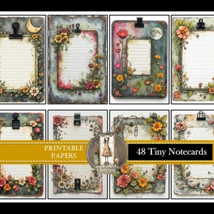 May include: Set of eight printable notecards with floral and botanical designs. Each card features a lined paper area, a decorative border, and a clip. The cards are in shades of green, pink, and yellow. Text on the image reads "PRINTABLE PAPERS" and "48 Tiny Notecards."