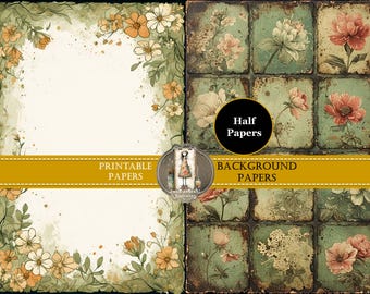 May include: Digital printable papers with floral and botanical designs. The image features two distinct styles: one with a cream-coloured background and floral borders, and the other with a vintage tile pattern. The text "Printable Papers" and "Background Papers" are visible.