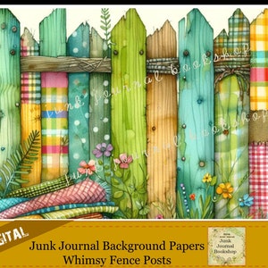 May include: A digital paper pack featuring a whimsical fence post design. The fence posts are made of wood and painted in various colors, including green, blue, yellow, and brown. The fence posts are decorated with fabric scraps, polka dots, and plaid patterns. The background is a soft green color.