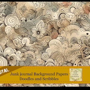 May include: Digital download of a set of brown and black patterned papers with doodles and scribbles. The papers are perfect for junk journaling and other creative projects. The text "Junk Journal Background Papers Doodles and Scribbles" is displayed on the image.