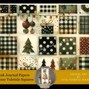 Può includere: Stampa digitale d'arte con un design a patchwork di quadrati con vari motivi, tra cui gingham bianco e nero, pois e una ghirlanda natalizia. La stampa è intitolata "Whimsy Yuletide Squares" ed è di Junk Journal Bookshop.